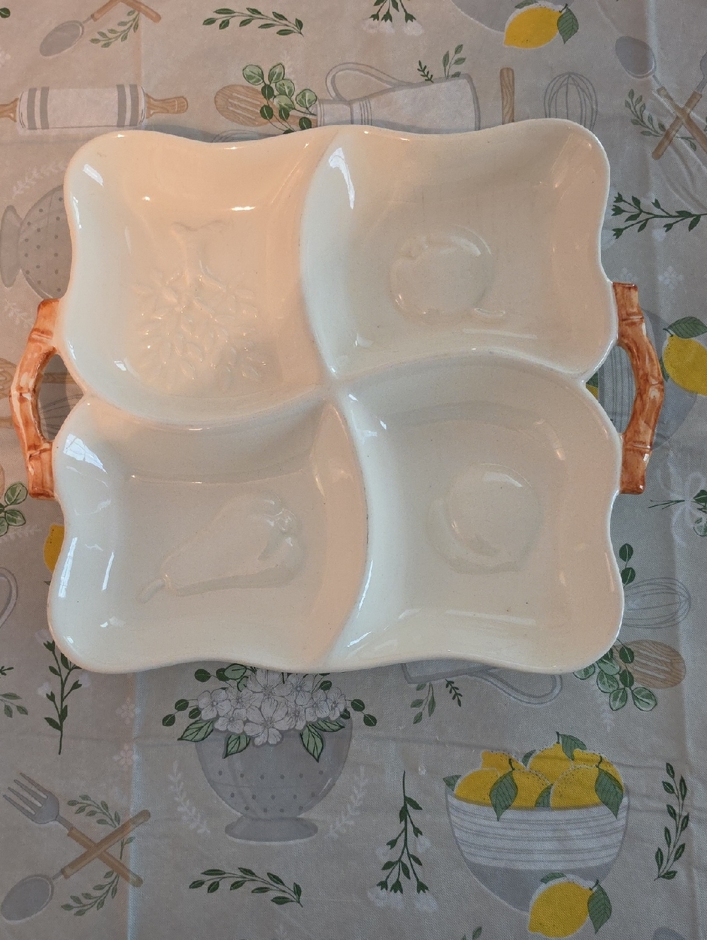Ceramic 4-Compartment Serving Platter with Brown Handles - White